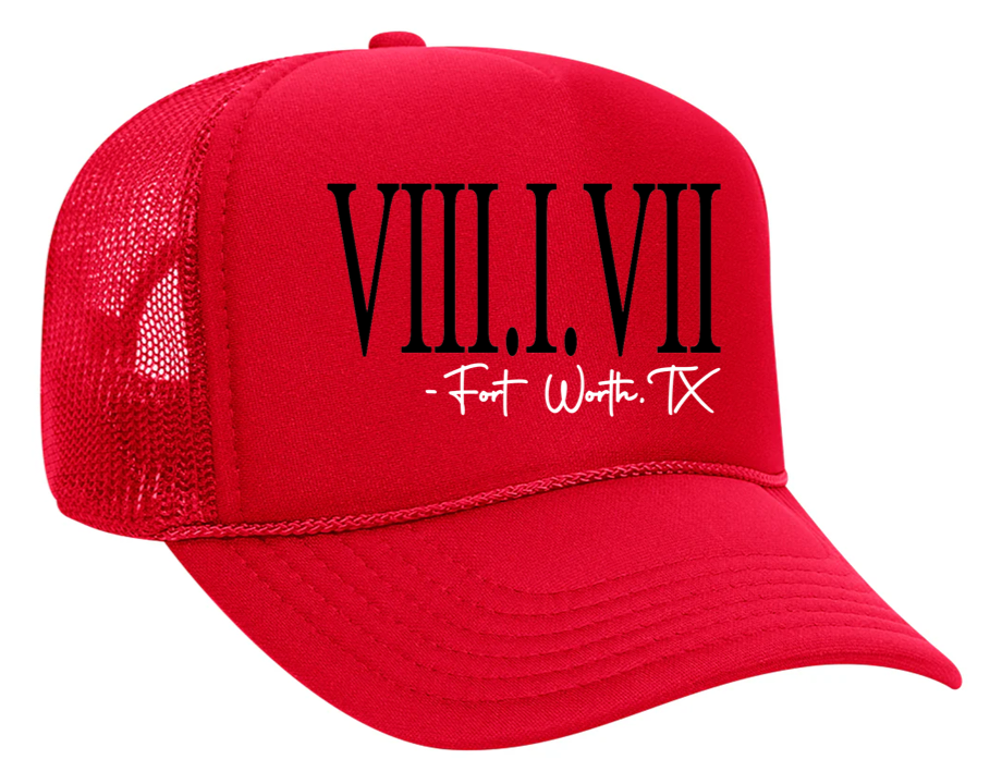817 Roman Numerals - Trucker Unisex Hat - Red With Black and White Embroidery