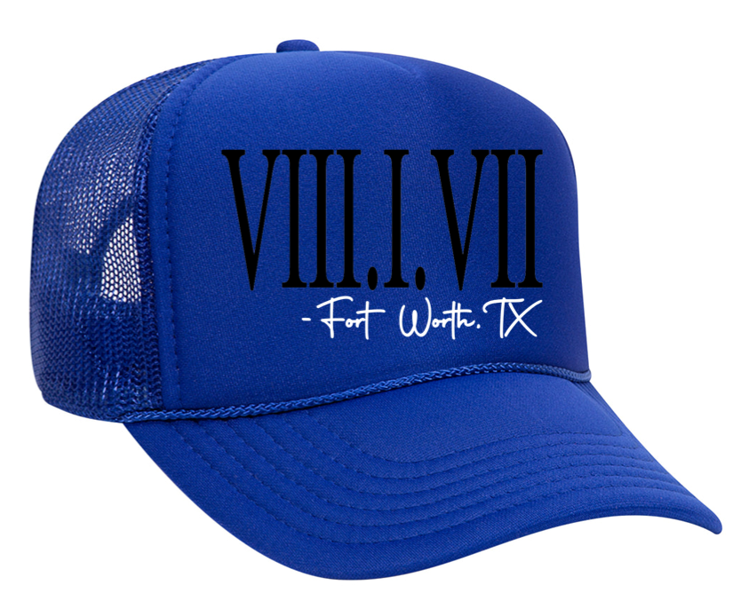 817 Roman Numerals - Trucker Unisex Hat - Royal Blue With Black and White Embroidery