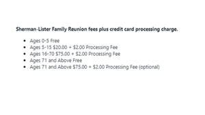 Sherman & Lister Reunion Fees